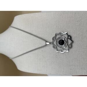 Silver Tone Lotus Flower Mandala Pendant Necklace with Black Center